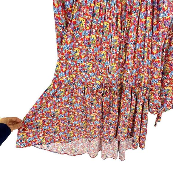 Perseverance London Dress Womens Small Red Floral Boho Cottage Core Tie Gathered - Picture 10 of 13